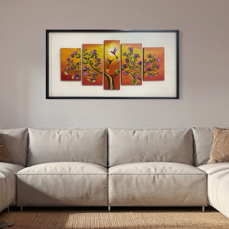 DEKAM DISEÑO - Cuadros Secuencia de 5 Colibrí Enmarcado Pintado a Mano  146x66 cms