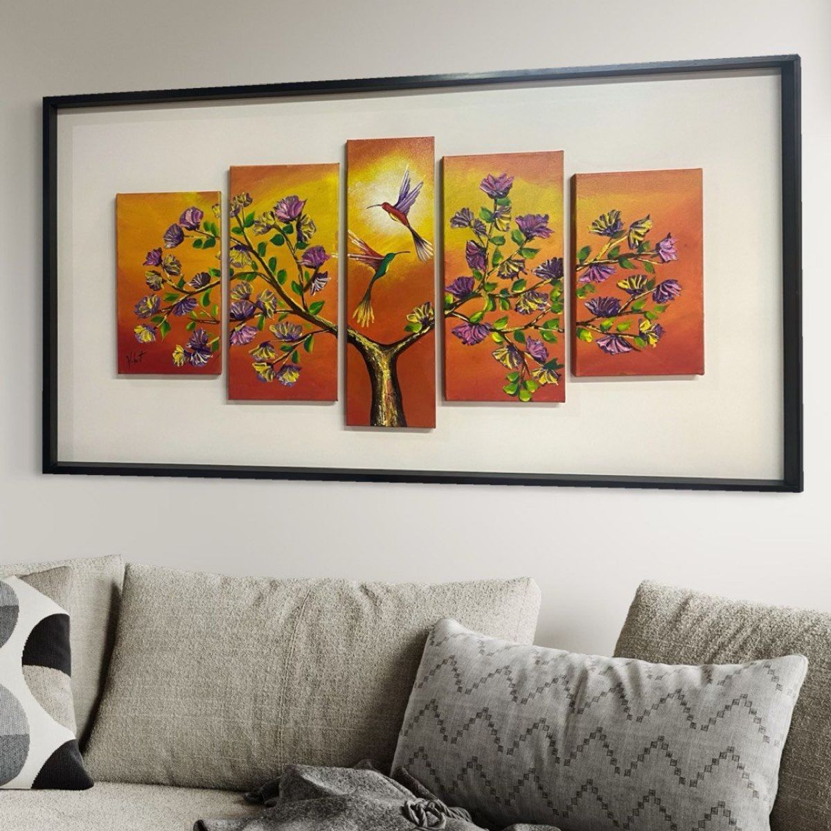 DEKAM DISEÑO - Cuadros Secuencia de 5 Colibrí Enmarcado Pintado a Mano  146x66 cms
