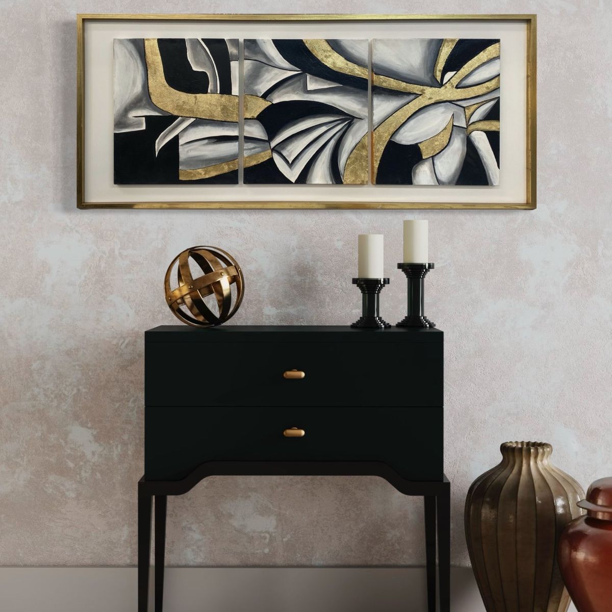 DEKAM DISEÑO - Cuadro Tríptico  Abstracto Gris Dorado Marco Incluido  146X66 CMS