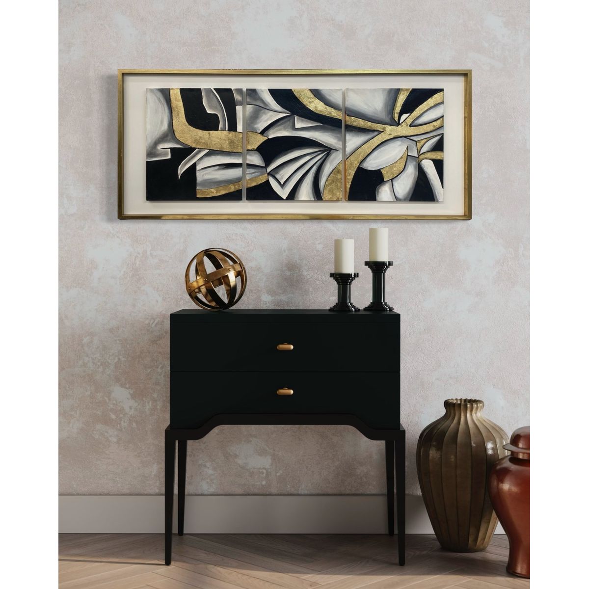 DEKAM DISEÑO - Cuadro Tríptico  Abstracto Gris Dorado Marco Incluido  146X66 CMS