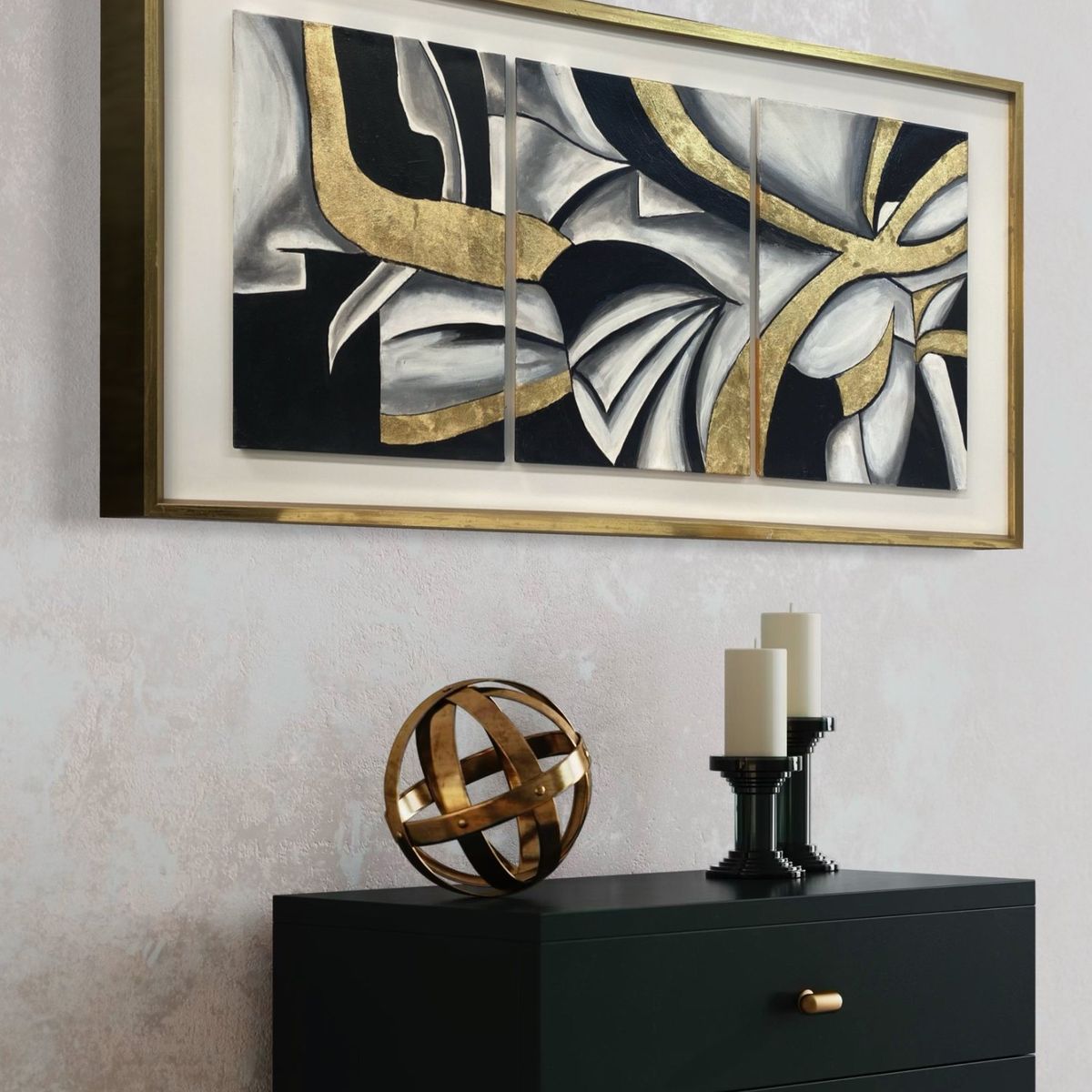 DEKAM DISEÑO - Cuadro Tríptico  Abstracto Gris Dorado Marco Incluido  146X66 CMS