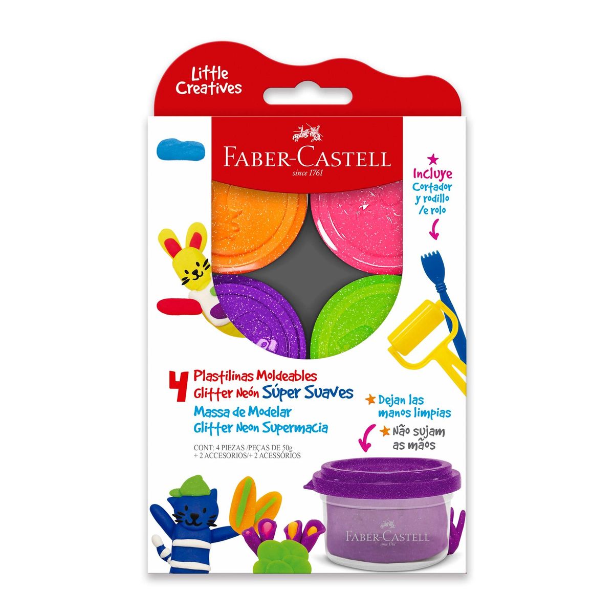 FABER-CASTELL - Plastilina Glitter Neón Faber-Castell Little Creatives x4