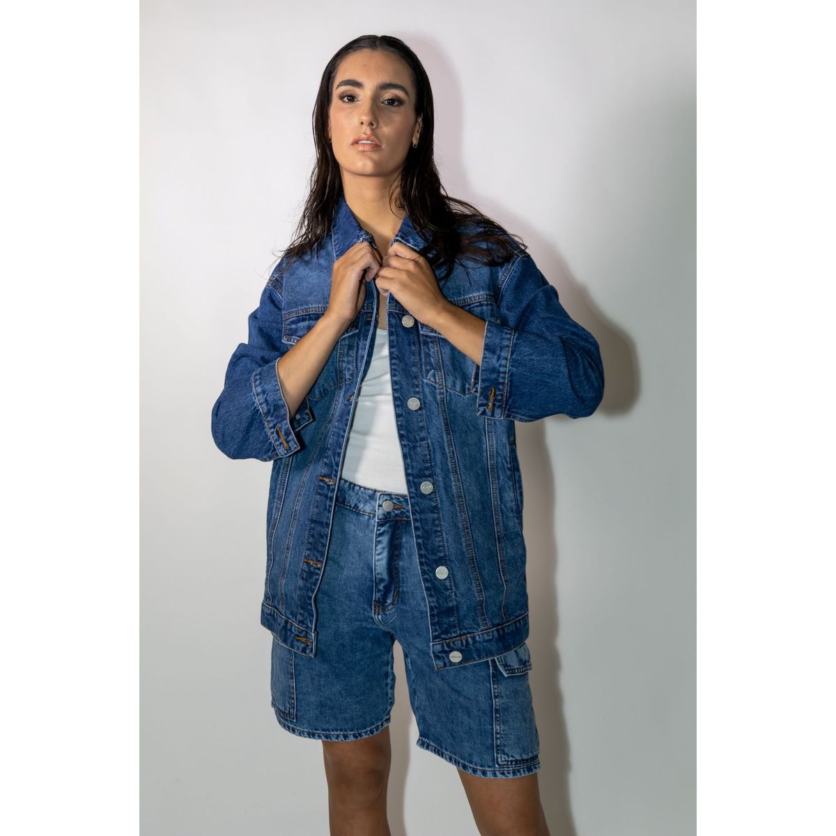 MOMCHIC - Chaqueta  Over Size Recta Azul