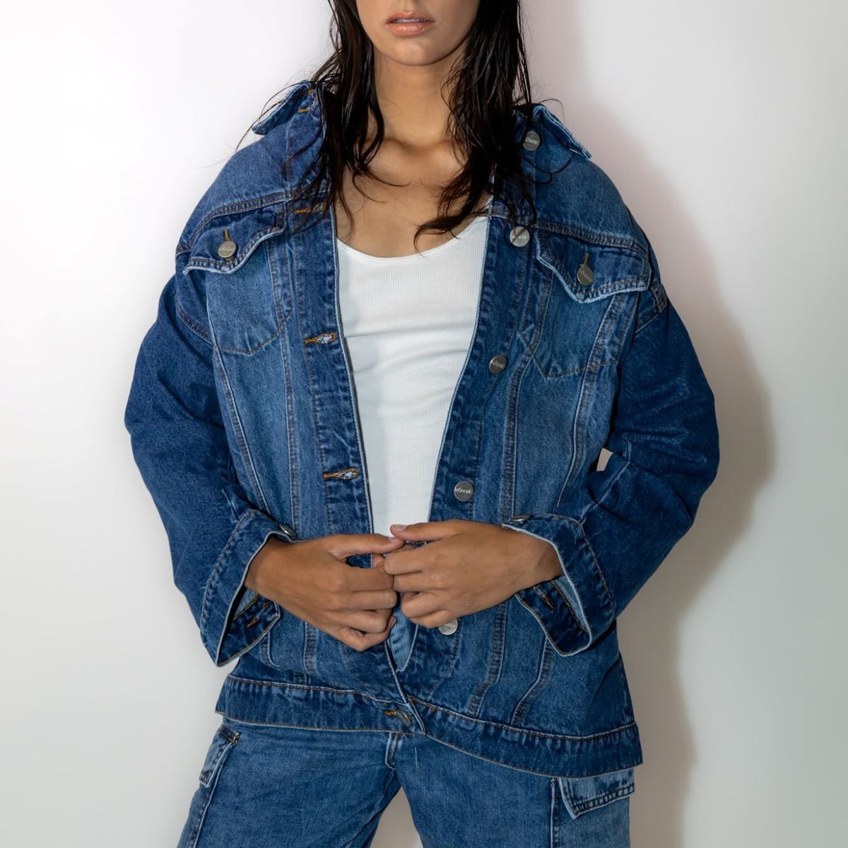 MOMCHIC - Chaqueta  Over Size Recta Azul