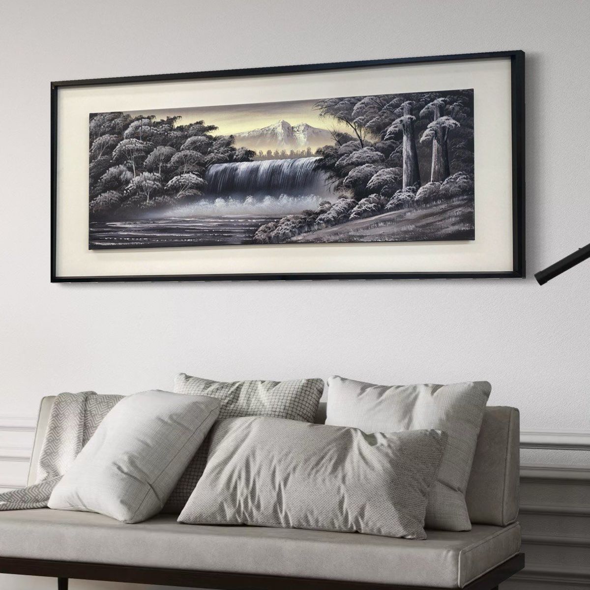 DEKAM DISEÑO - Cuadro Cascada Gris Negro Enmarcado Pintado 146X66 Cms