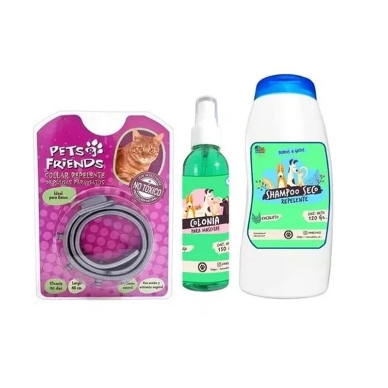MASCOKITS - Kit Para Gato Collar Anti Pulgas Colonia Shampoo Repelente