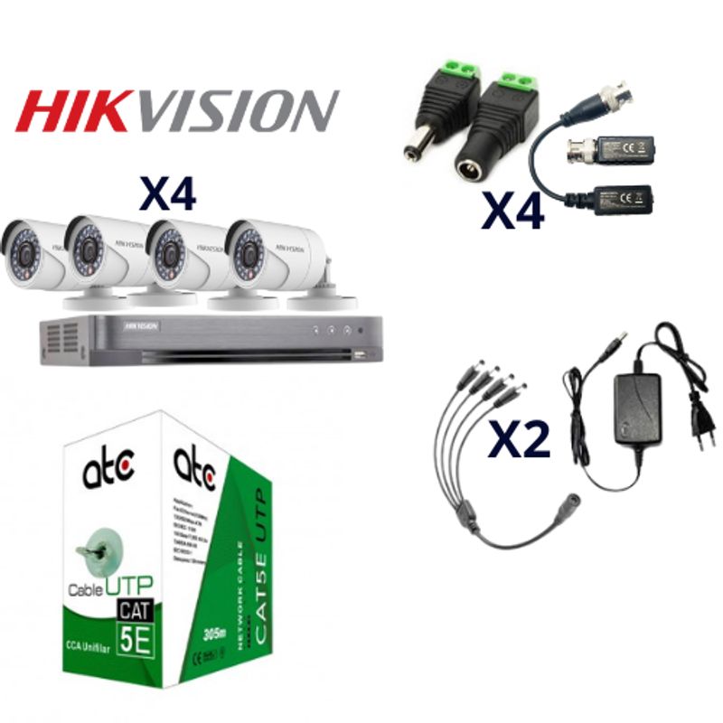HIKVISION - Cctv Kit Pro Hikvision Dvr 4ch + 4 Cam 2mp Cable Utp
