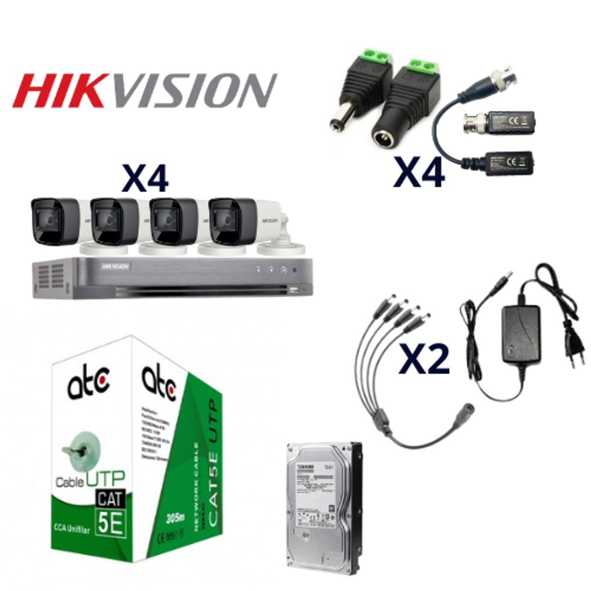 HIKVISION - Cctv Kit Pro Hikvision Dvr 4ch + 4 Cam 2mp Cable Utp