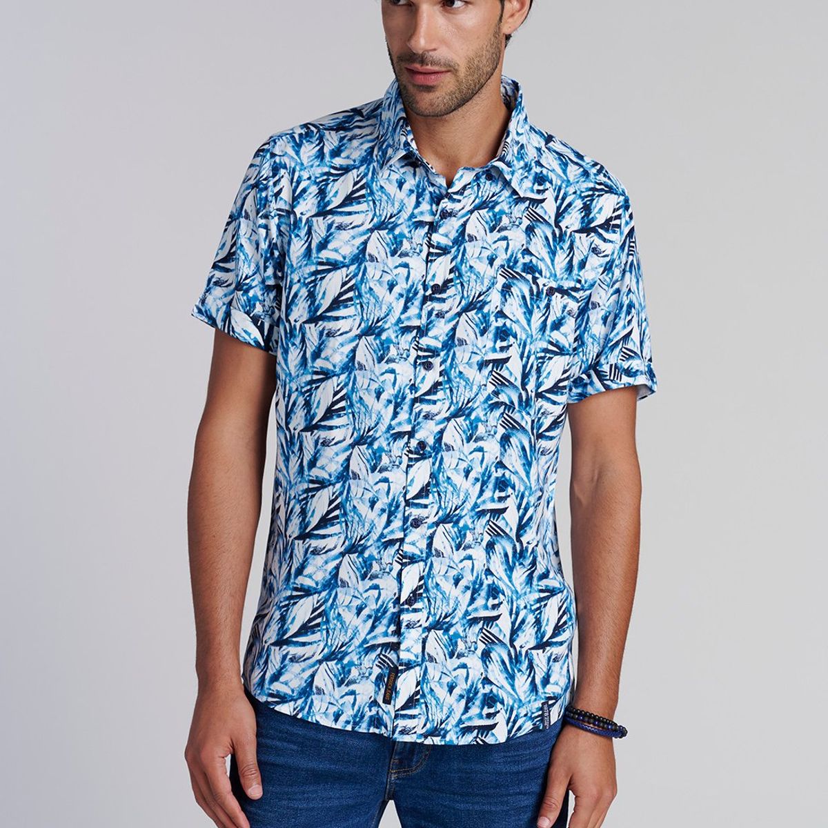 FEROUCH - Camisa Estampada Hojas  Fj Azul Ferouch