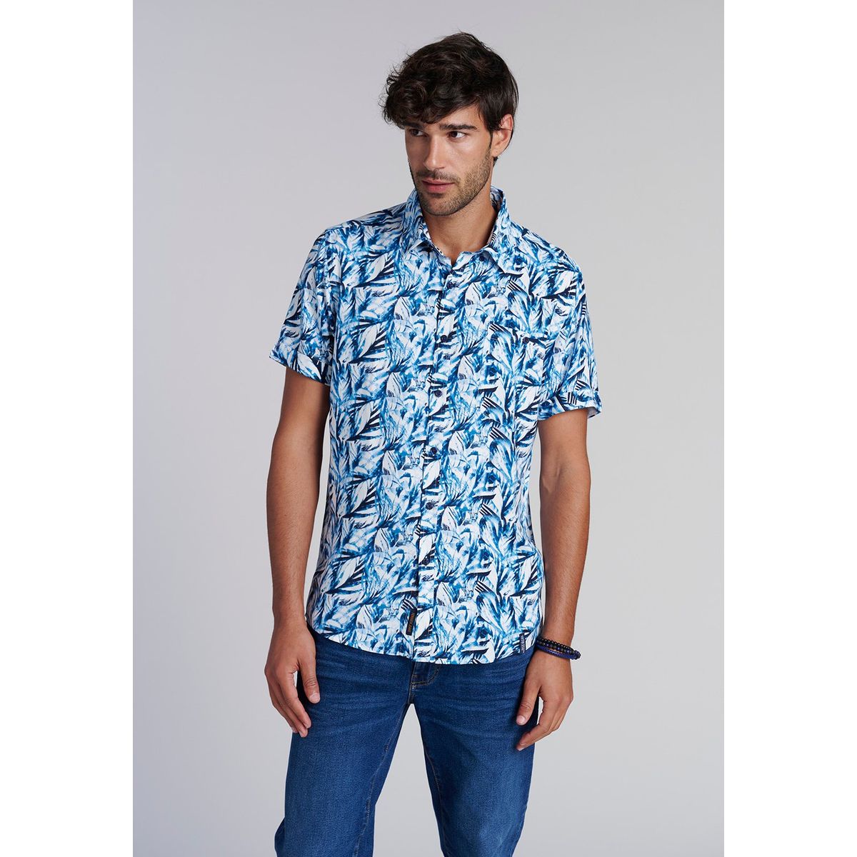 FEROUCH - Camisa Estampada Hojas  Fj Azul Ferouch