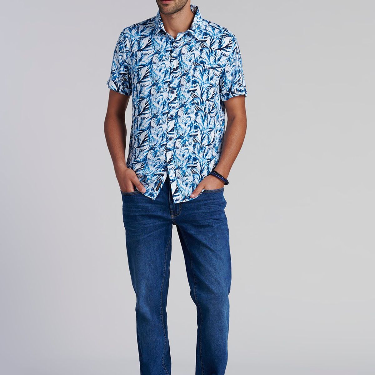 FEROUCH - Camisa Estampada Hojas  Fj Azul Ferouch