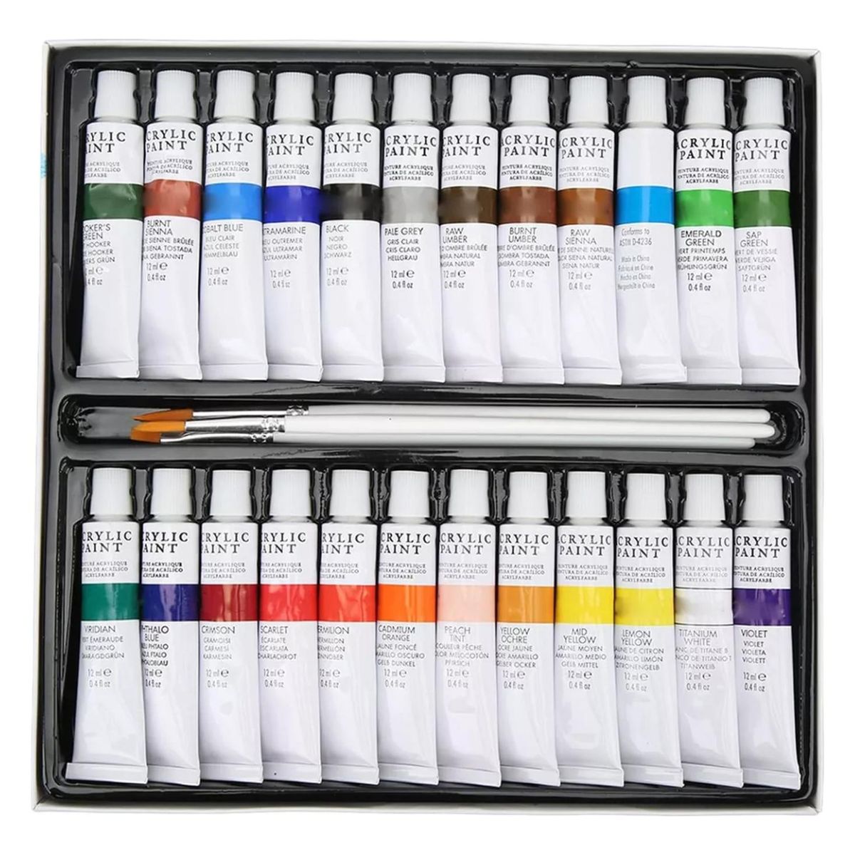 IMPORTCLICK - Set 24 Pinturas Acrílicas Colores Tubos 12 ML 3 Pinceles IMPORTCLICK