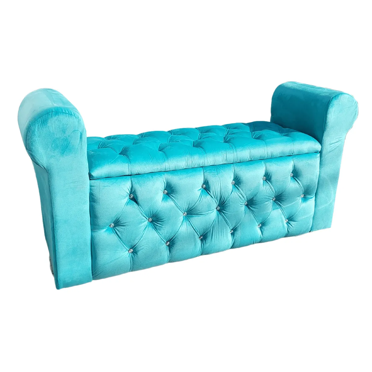 GENERICO - Banqueta Baúl Botone Con Brazos Turquesa Felpa Botón Diamante
