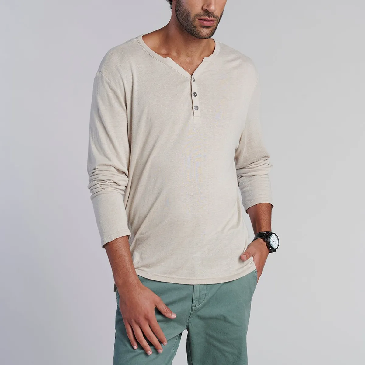 FEROUCH - Polera Ml Henley New Jersey Beige Ferouch