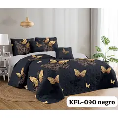 GENERICO - Quilt de Verano 2 plazas. Color Negro con Mariposas KFL090N