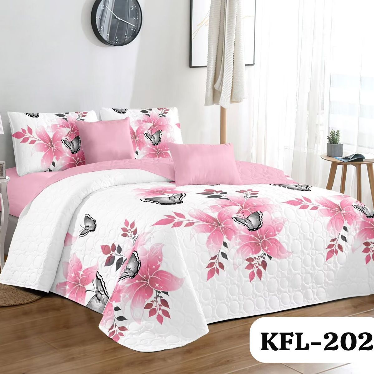 GENERICO - Quilt de Verano 2 plazas. Color Blanco con Flores KFL202