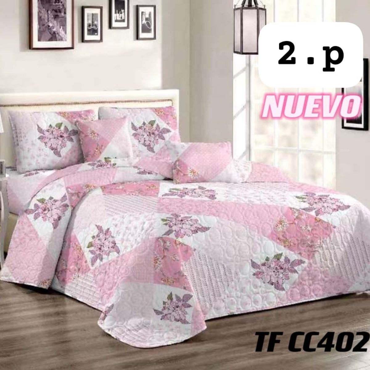 GENERICO - Quilt de Verano 2 plazas. Color Blanco con Rosado TFCC402