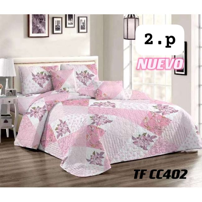GENERICO - Quilt de Verano 2 plazas. Color Blanco con Rosado TFCC402