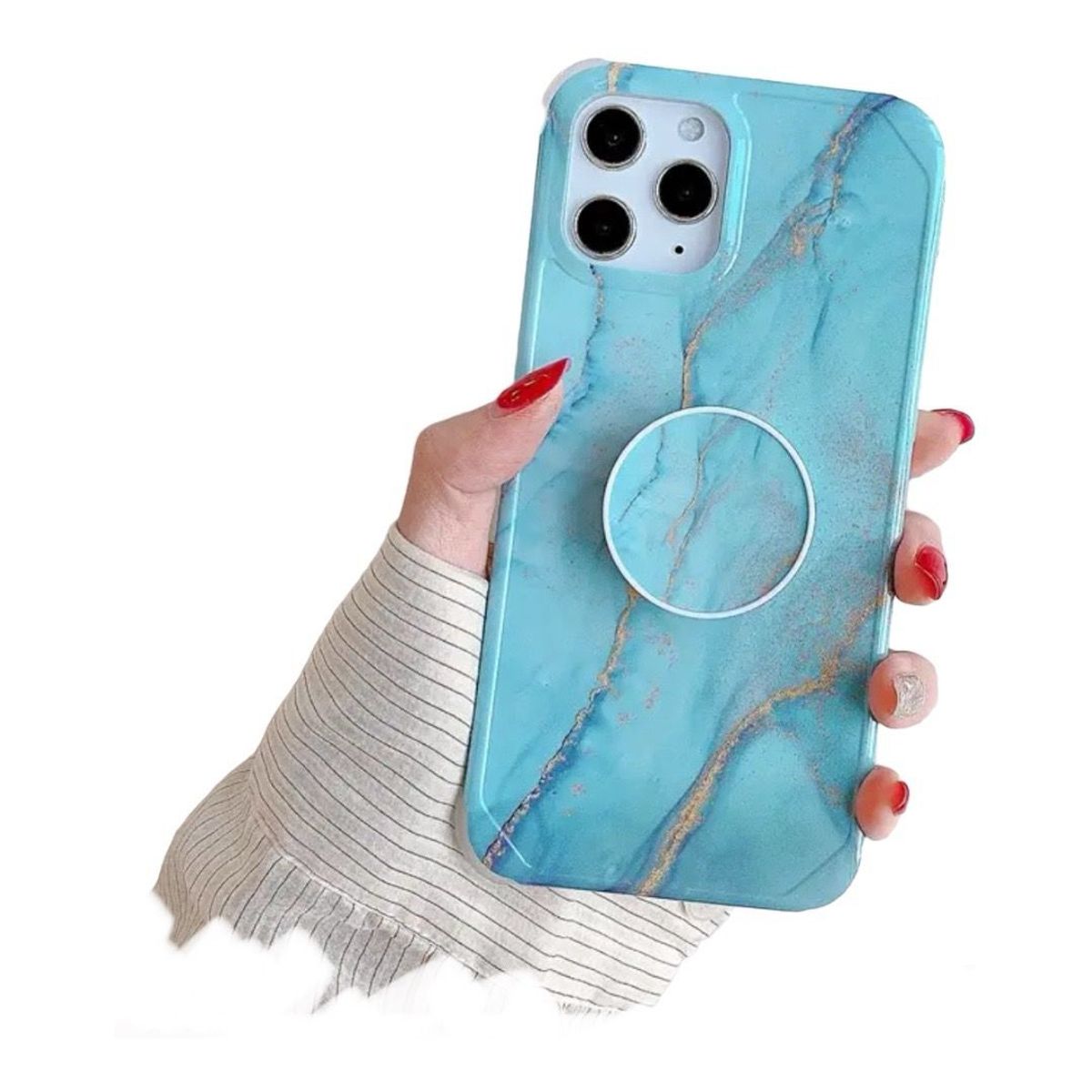 GENERICO - Funda Acrílico Mármol Con Popsocket Para iPhone 12-CELESTE