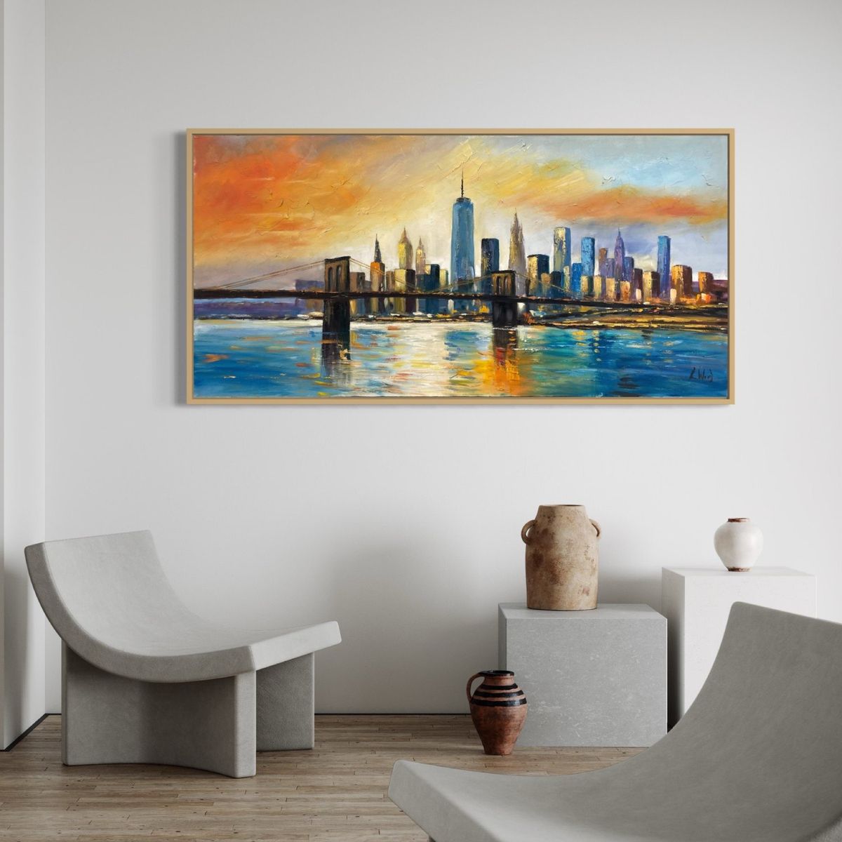 DEKAM DISEÑO - Cuadro Abstracto New York Pintado Oleo Marco Incluido 124x64 Cms