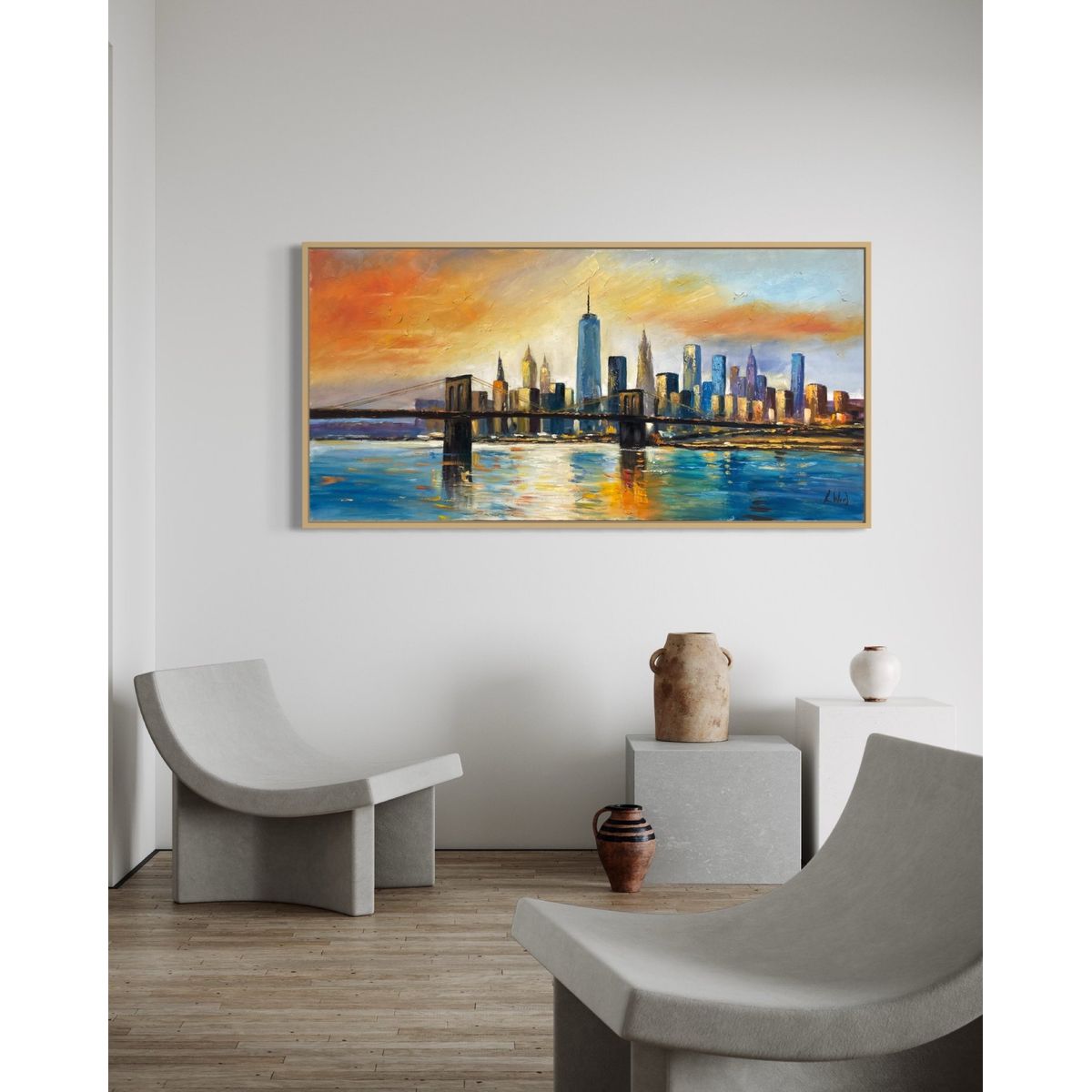 DEKAM DISEÑO - Cuadro Abstracto New York Pintado Oleo Marco Incluido 124x64 Cms