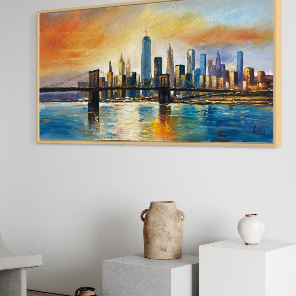 DEKAM DISEÑO - Cuadro Abstracto New York Pintado Oleo Marco Incluido 124x64 Cms