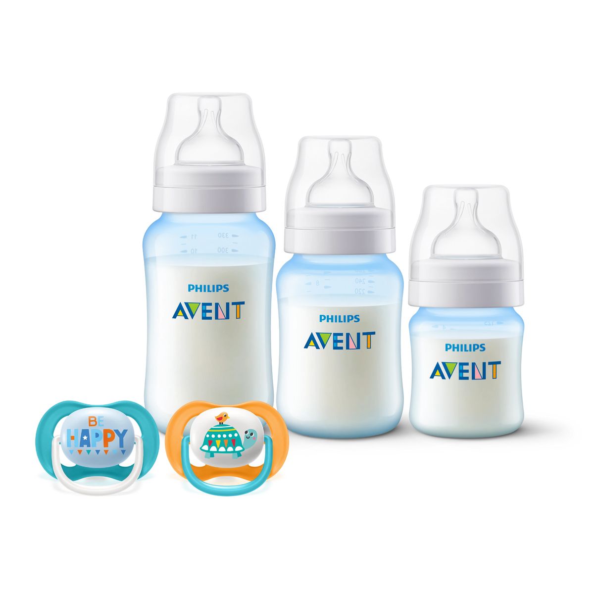 AVENT - Set 3 Mamaderas Blue + 2 chupetes 6-18 meses Tortuga Sin BPA