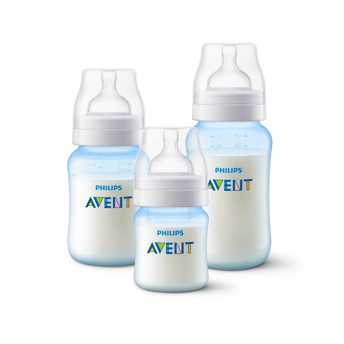 AVENT - Set 3 Mamaderas Blue + 2 chupetes 6-18m Pink Sin BPA