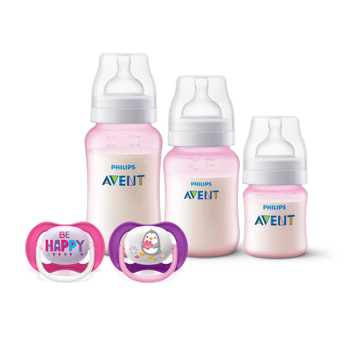AVENT - Set 3 Mamaderas Blue + 2 chupetes 6-18m Pinguino Sin BPA