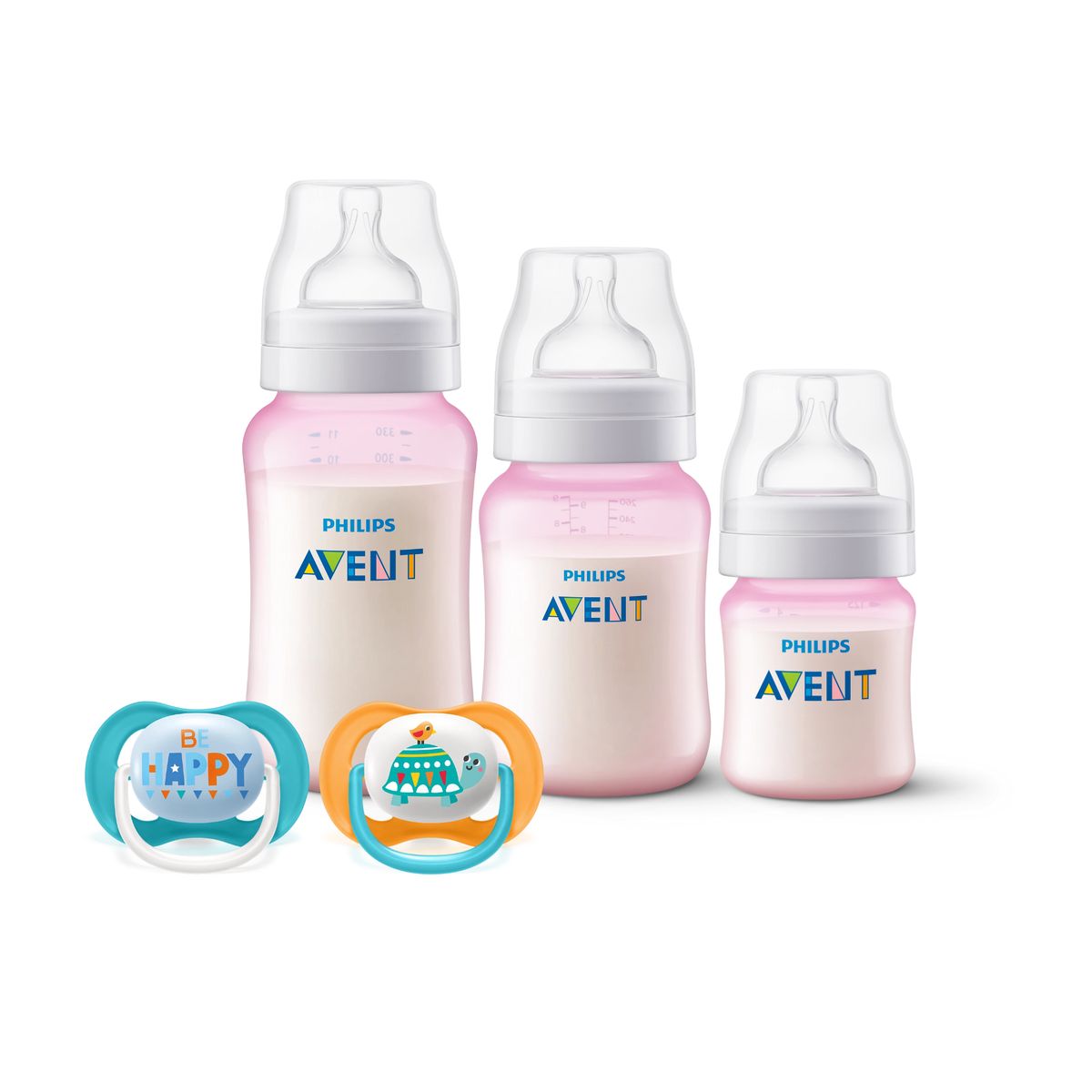 AVENT - 3 Mamaderas Rosa + 2 chupetes 6-18m Tortuga Sin BPA