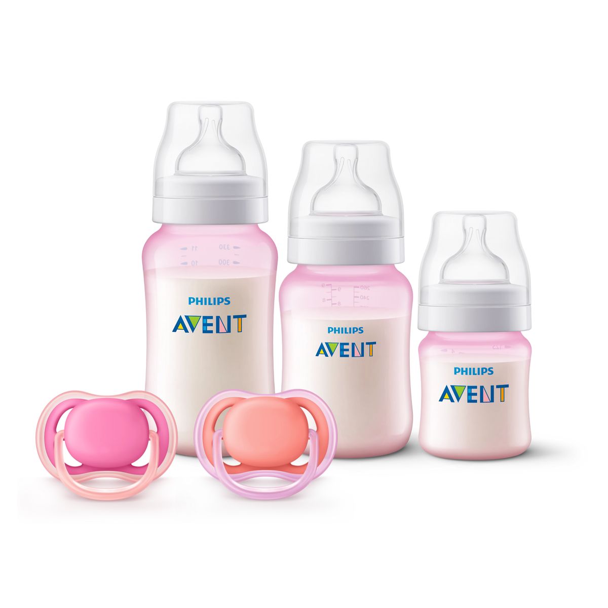 AVENT - Set 3 Mamaderas Pink + Set de 2 chupetes 6-18 meses Pink
