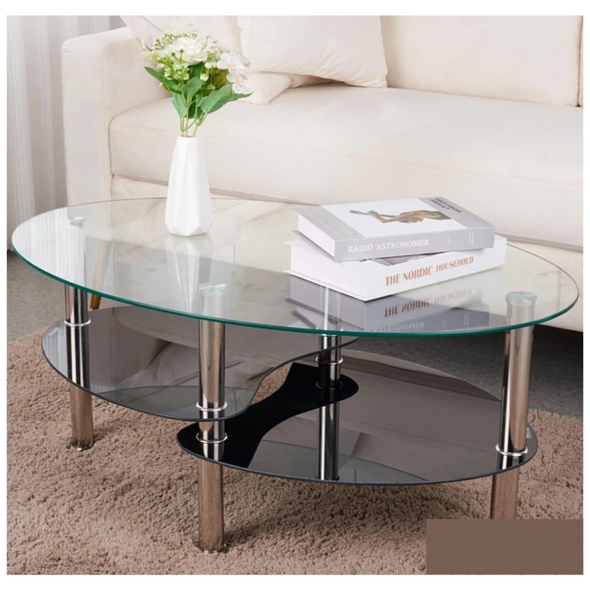 GENERICO - Mesa de Centro Ovalada Vidrio templado con Revistero 90x60x41