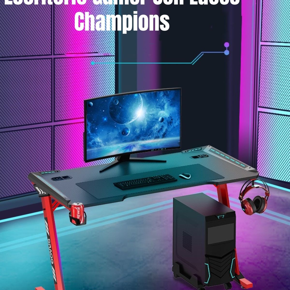 LUBABYCAS - Escritorio Gamer Con Luces 140x60x73cm Negro By LuBabycas