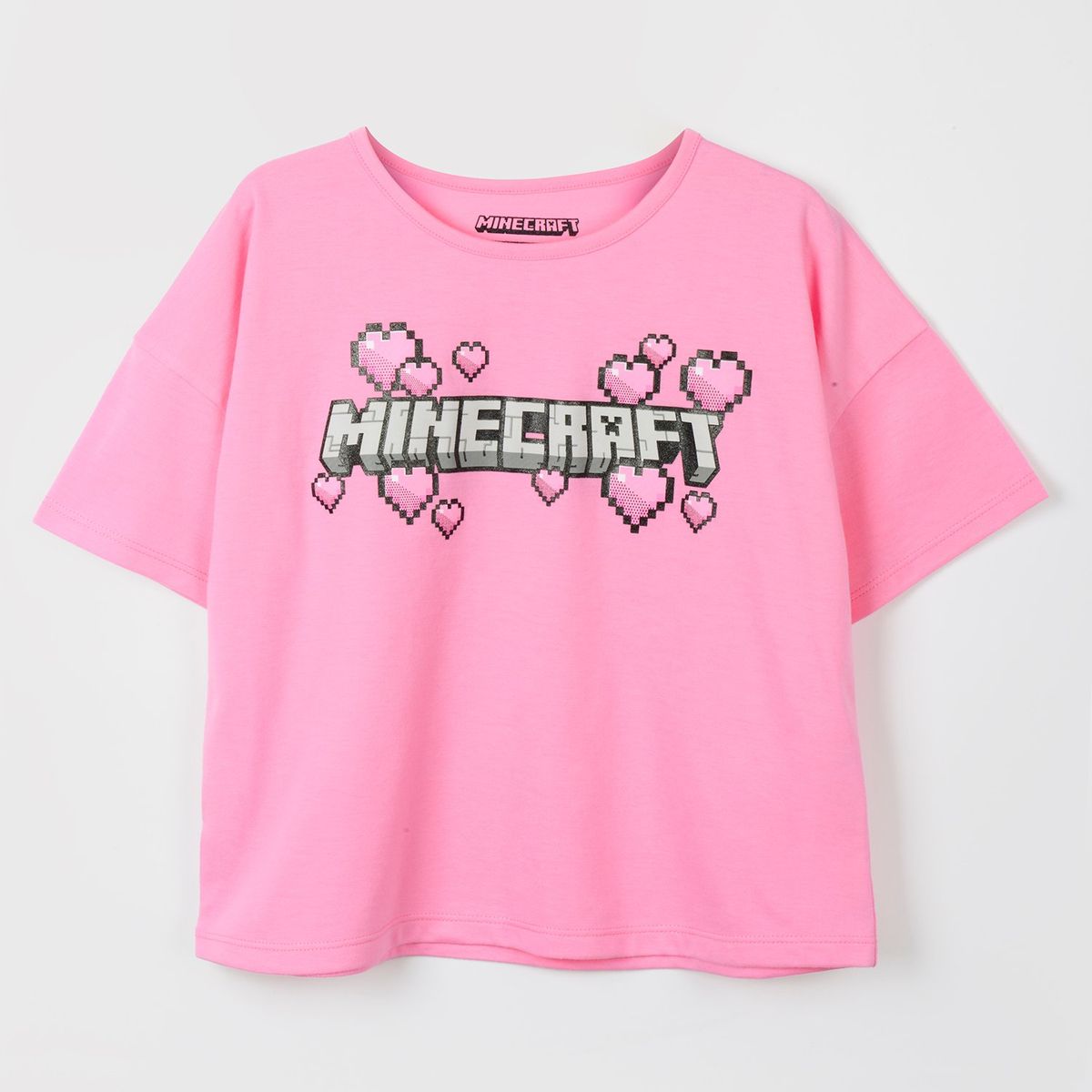 MINECRAFT - Polera Manga Corta Niña Corazones Rosado Minecraft