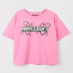 MINECRAFT - Polera Manga Corta Niña Corazones Rosado