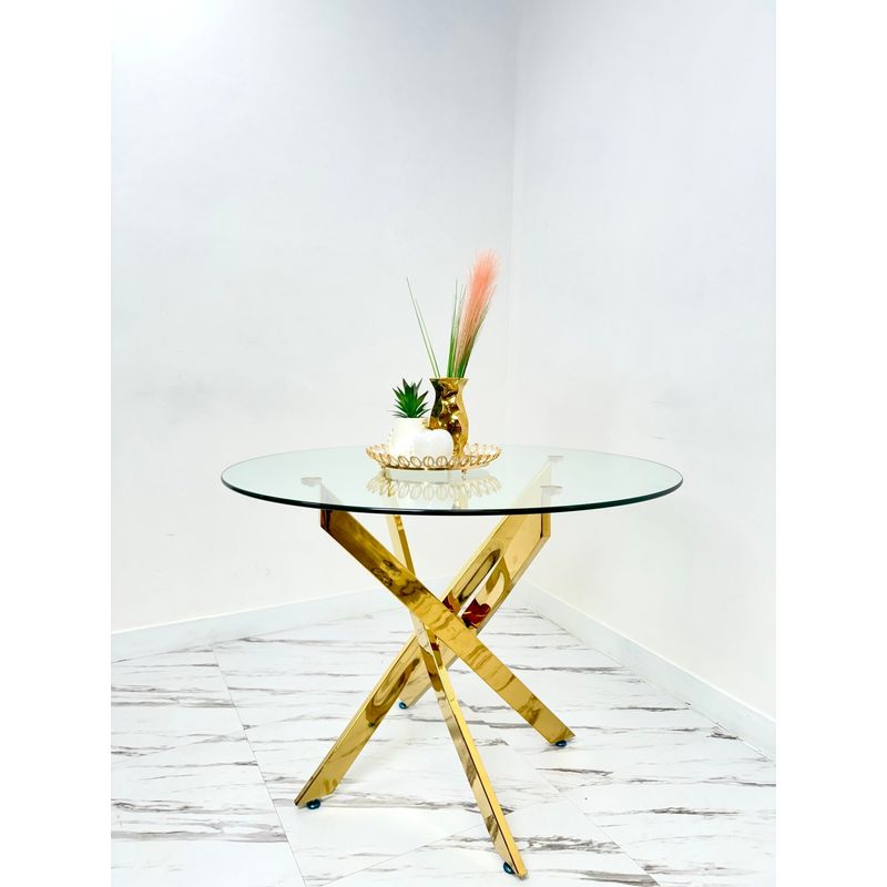 GENERICO - Mesa redonda de vidrio para 4 personas 100 cm dorado MGR MUEBLES