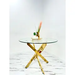 GENERICO - Mesa redonda de vidrio para 4 personas 100 cm dorado MGR MUEBLES