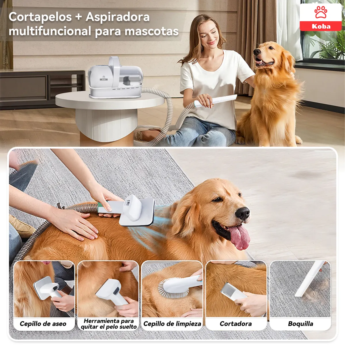 KOBA - Kit De Aseo 7 En 1 Maquina Cortapelo Aspiradora Perros Gatos