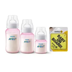PHILIPS AVENT - Set 3 Mamaderas Anticolic Pink Sin BPA + Letrero Amarillo