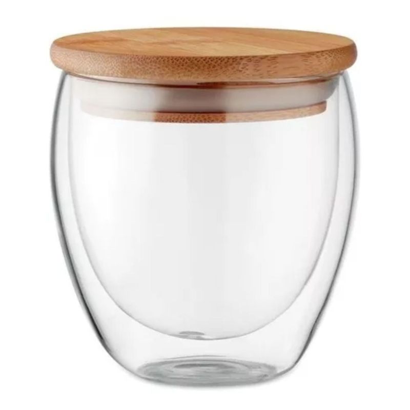 GENERICO - Taza Para Té Café Vidrio Doble Pared Con Tapa Bambú 250ml
