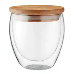 GENERICO - Taza Para Té Café Vidrio Doble Pared Con Tapa Bambú 250ml