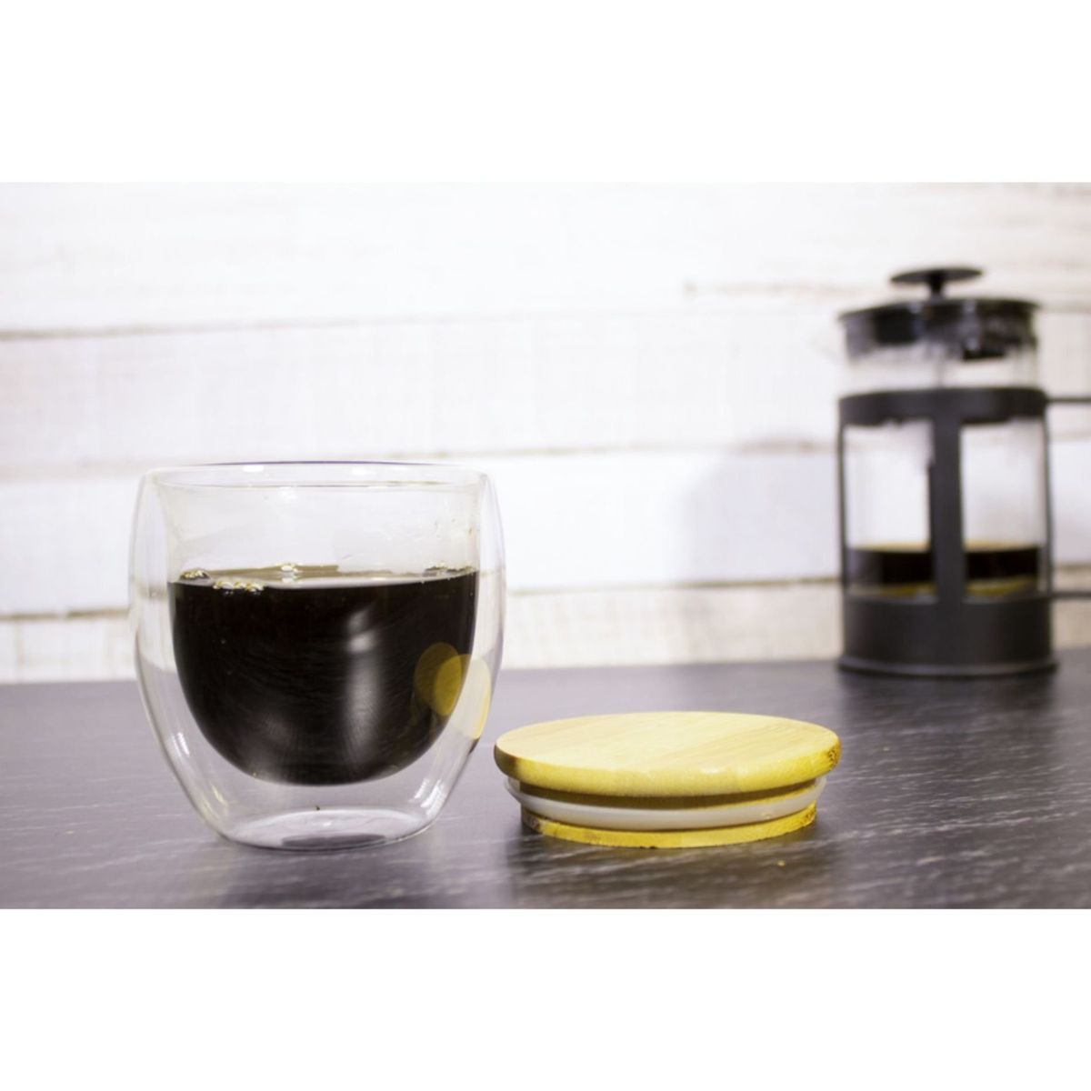 GENERICO - Taza Para Té Café Vidrio Doble Pared Con Tapa Bambú 250ml