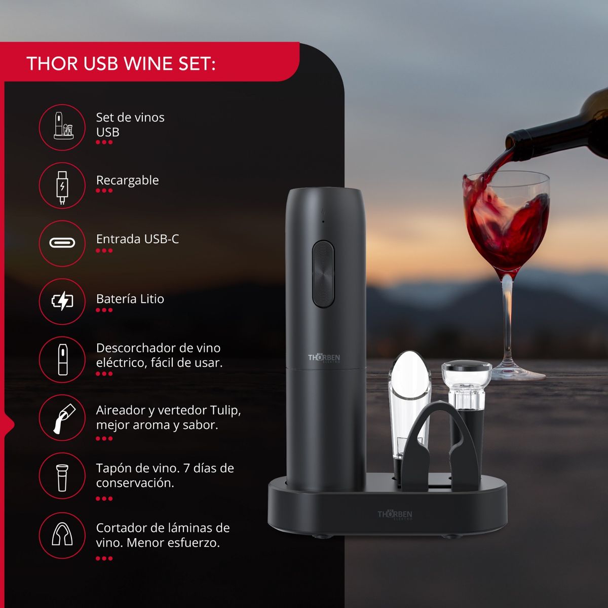 THORBEN - Set de Vinos 4 accesorios USB Thor Wine Set