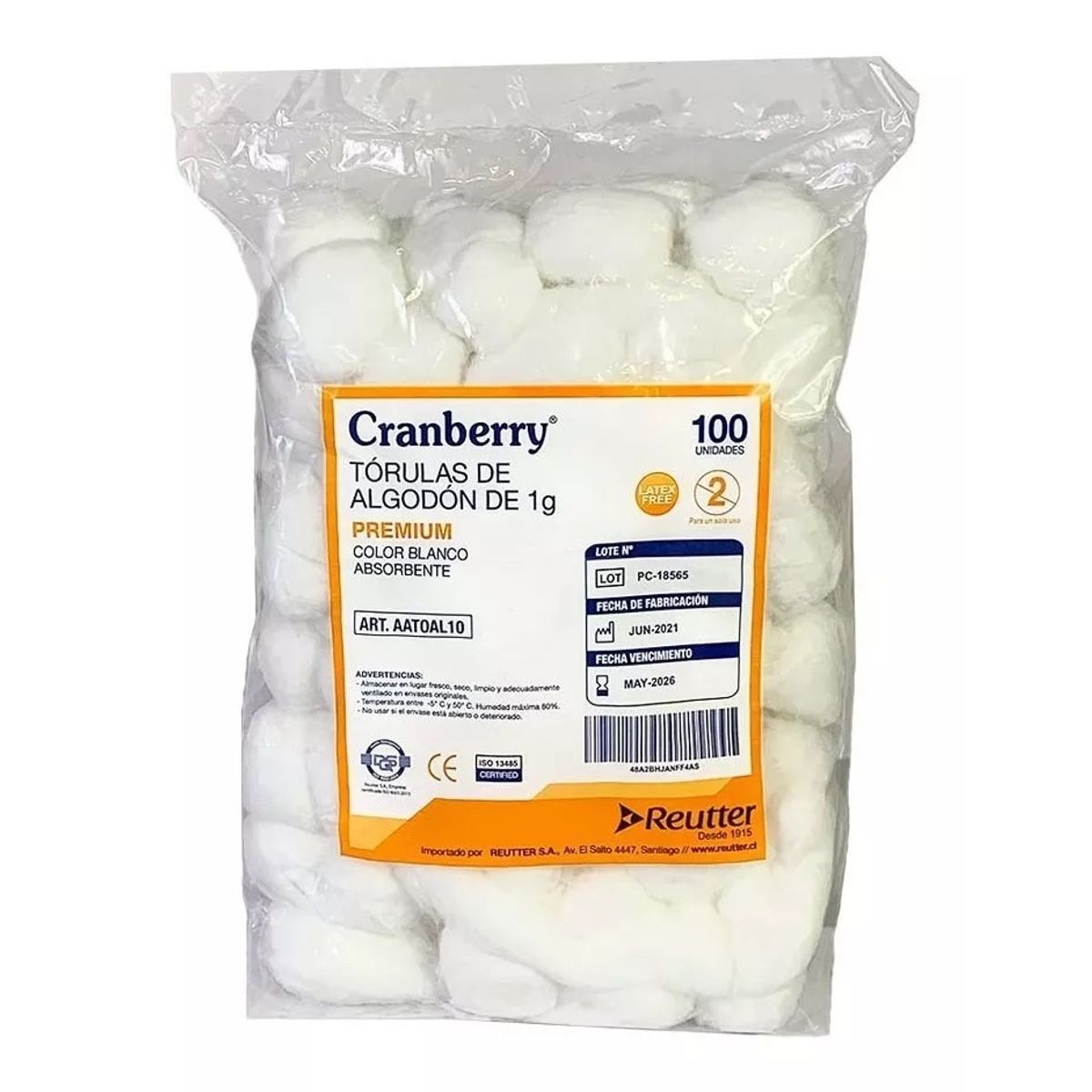 CRANBERRY - Torula De Algodón Premium 1gr Bolsa De 100 Und