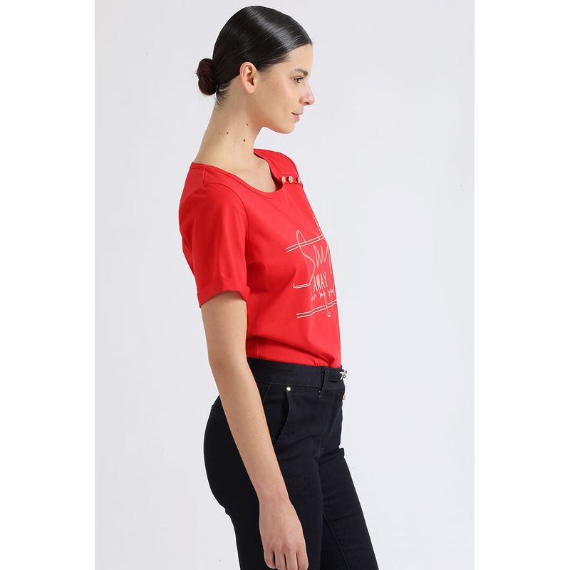LIOLA - Polera Texto, Y Boton Marinero Rojo Liola