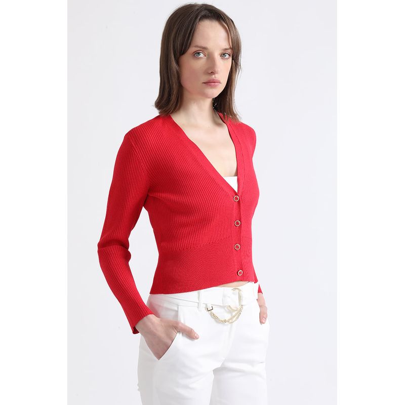 LIOLA - Cardigan Tejido Punto, Boton Fantasia, Rojo Liola