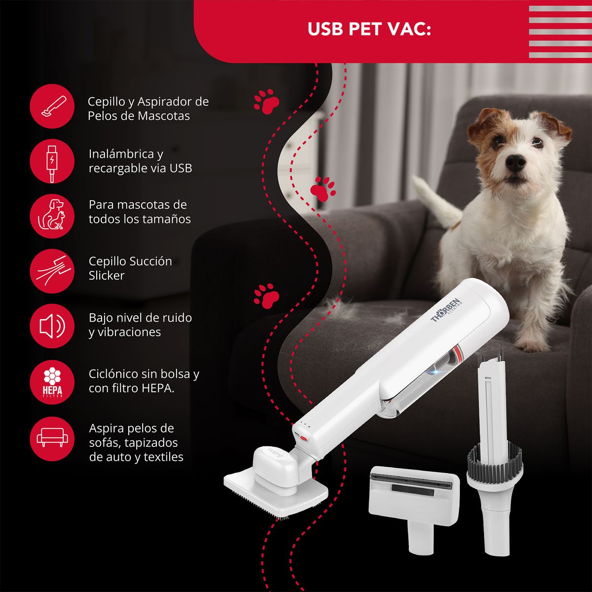 THORBEN - Cepillo y aspiradora Thor Cordless Usb Pet Vac