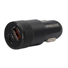 PHILCO - Cargador para Automovil USB/C Doble 12/24V 20W Negro FLP2552B