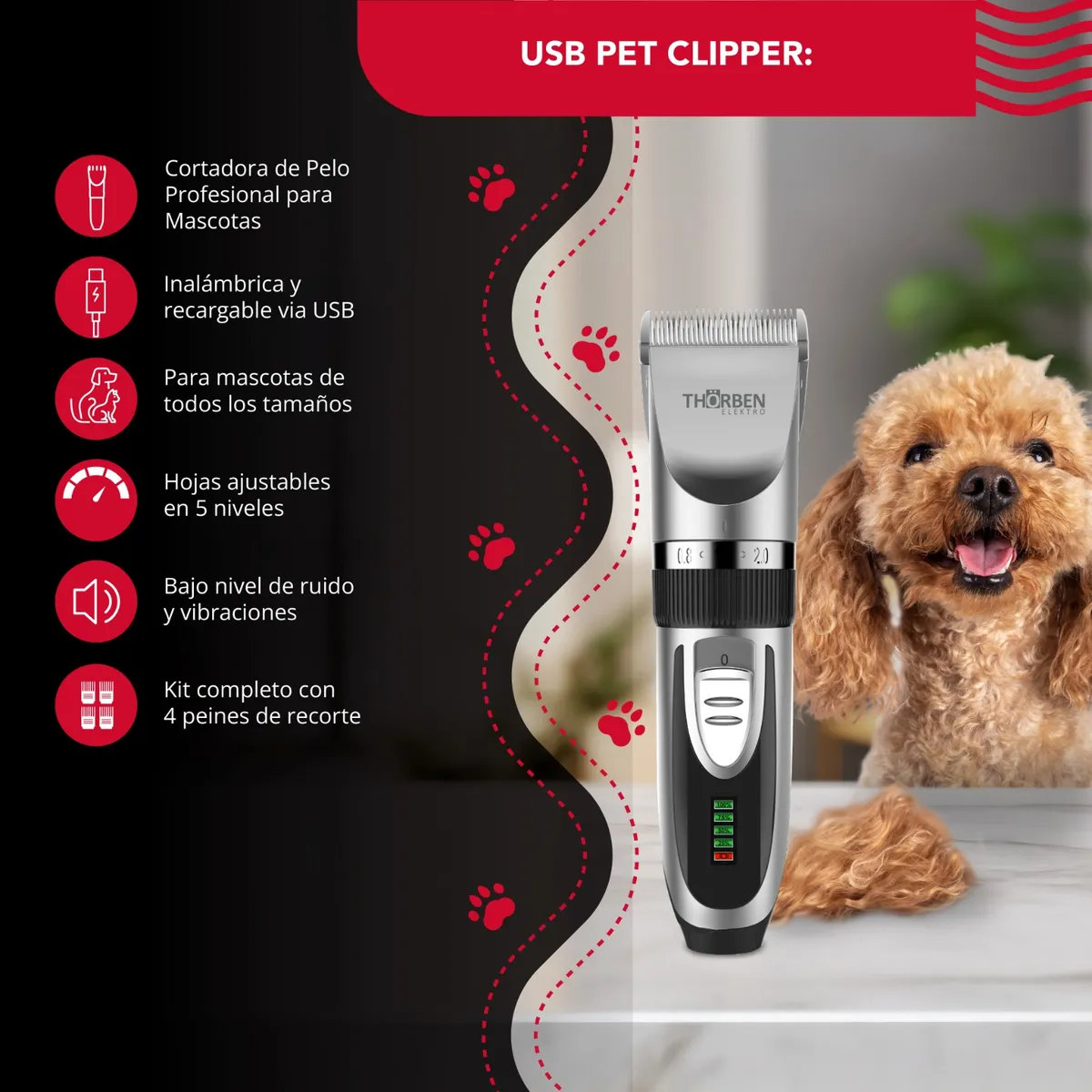 THORBEN - Máquina corta pelo Thor Cordless Usb Pet Clipper