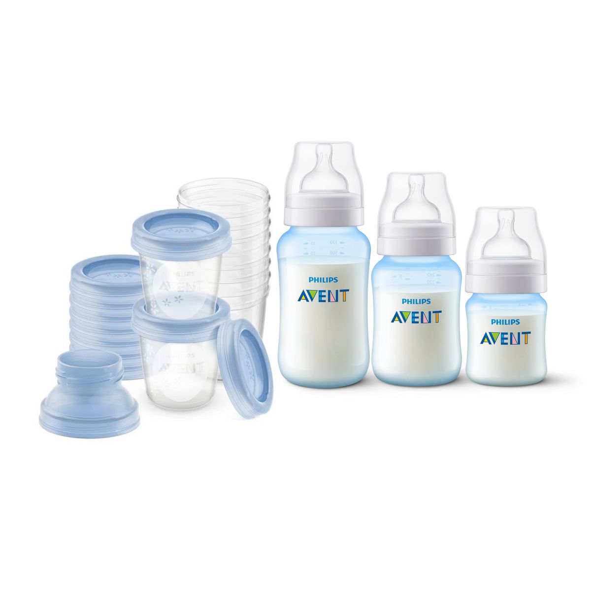 AVENT - Set 3 mamaderas + 10 Vasos de almacenamiento 180ml  Sin BPA